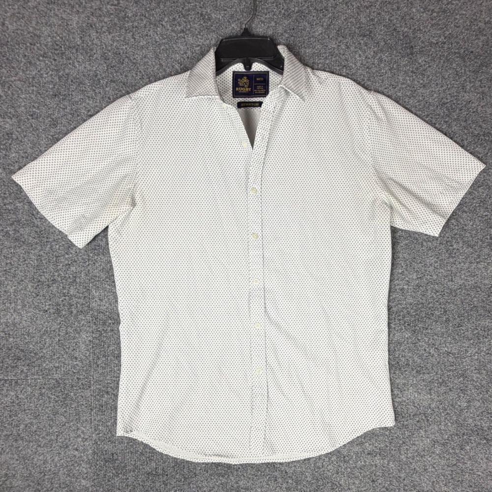 Rugby University Mens Short Sleeve Stretch Button Down Shirt White Geometric Med